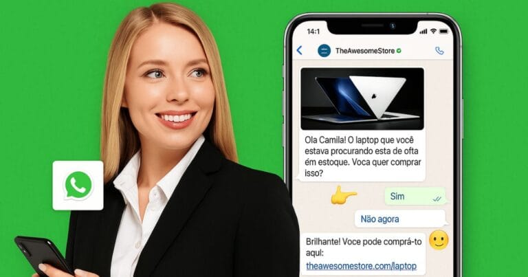 Profissional sorridente exibe em seu smartphone uma conversa de sucesso com o melhor chatbot para whatsapp, mostrando uma oferta de produto e o ícone do aplicativo, simbolizando a automação de vendas e atendimento.