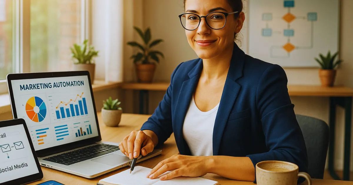 Empreendedora brasileira configurando ferramentas de automações de marketing em escritório moderno e acolhedor de pequena empresa.