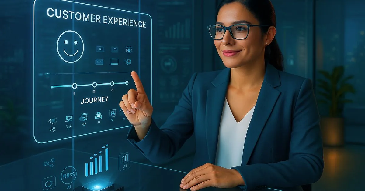 Mulher profissional latina usando blazer azul interage com interface holográfica em escritório futurista, tecnologia de experiência do cliente, hologramas e dados digitais, ambiente corporativo moderno 2025.