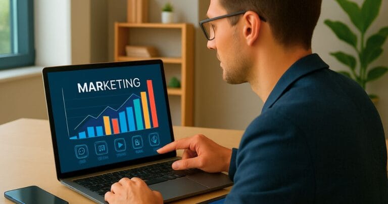 Profissional de marketing digital moderno analisa painel de ferramentas de marketing digital em laptop, em escritório minimalista, com luz natural e ambiente tecnológico, transmitindo inovação e eficiência.