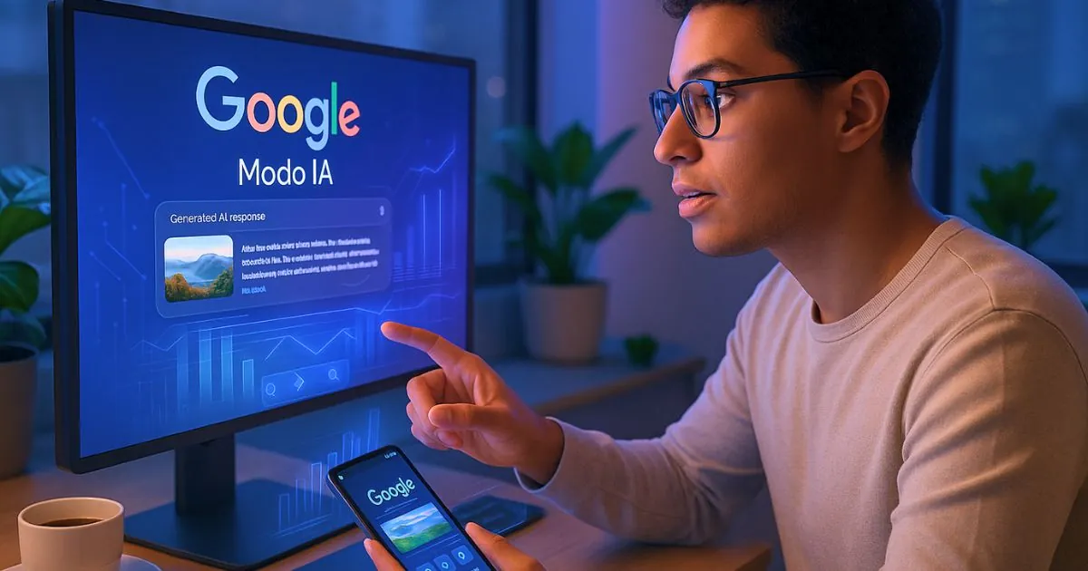 Profissional brasileiro interage com interface do Google Modo IA em escritório moderno, usando múltiplas telas e smartphone, iluminação azul e violeta, tecnologia de busca avançada em ambiente digital inovador.