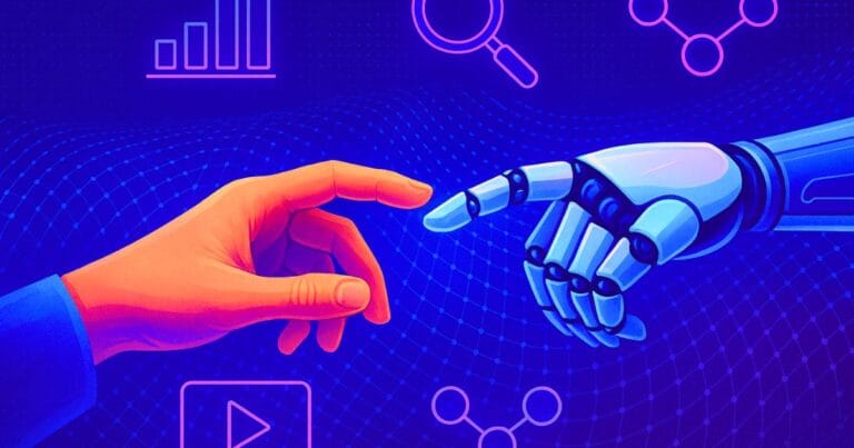 Inteligência Artificial no Marketing Digital: Mão humana e robótica interagindo.