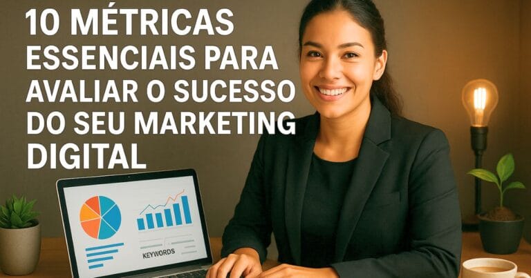 Mulher latina executiva analisando métricas para o sucesso no marketing digital em laptop em escritório moderno, com gráficos de desempenho, ambiente profissional e iluminação suave lateral.