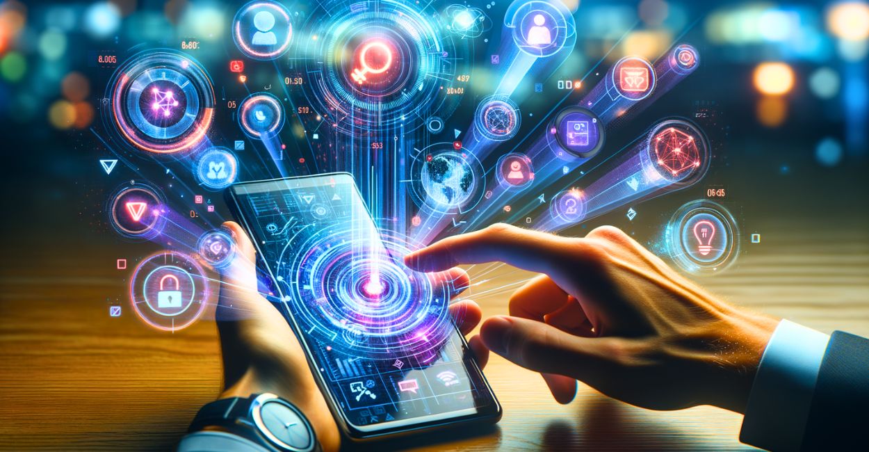 Profissional interagindo com interface holográfica futurista do App com IA RedNote que exibe múltiplas visualizações de conteúdo digital personalizado.