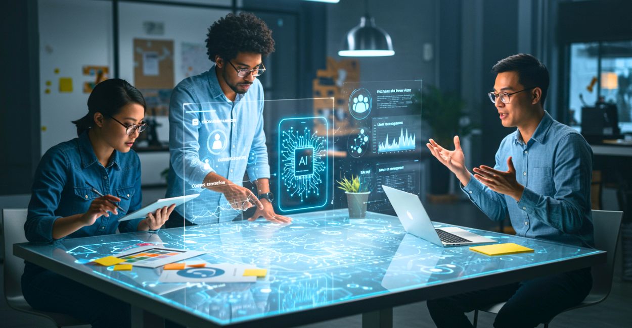 Equipe diversificada de profissionais colaborando em torno de projeção holográfica do App com IA RedNote em ambiente de trabalho futurista e inovador.