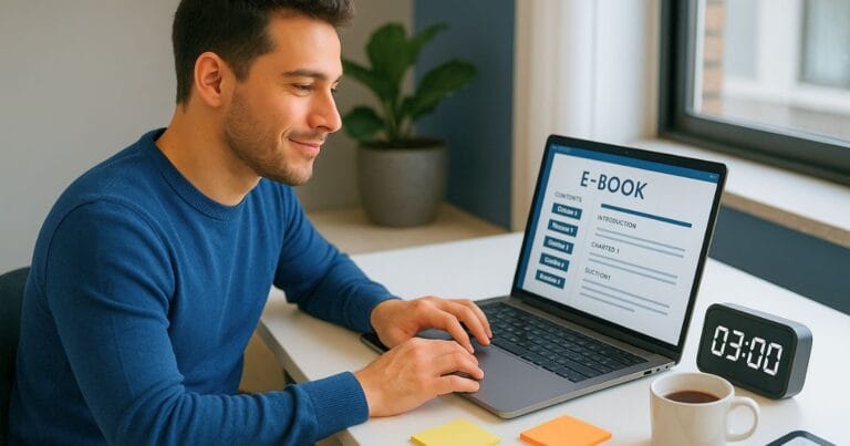 Empreendedor descobrindo template secreto de ebook que transforma conhecimento em vendas