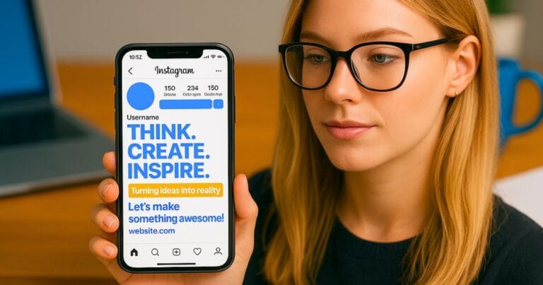 Mulher com Smartphone na mão exibindo tela do Instagram com frases para colocar na biografia do Instagram em destaque, cenário criativo e profissional ao fundo.