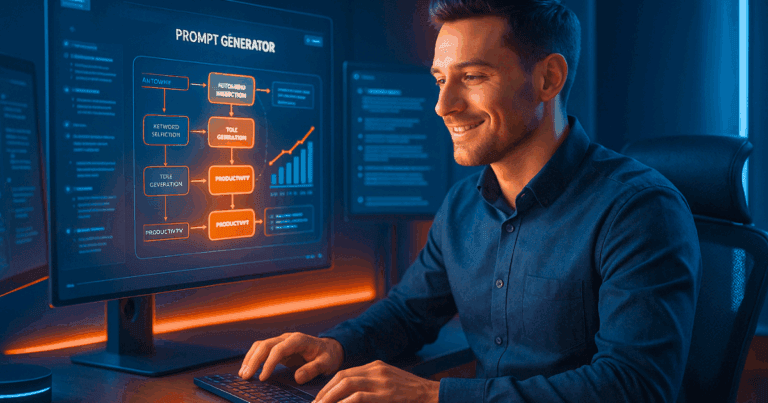 Empreendedor utilizando gerador de prompts com telas holográficas em escritório moderno com iluminação azul e laranja.