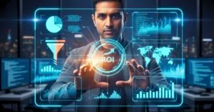 Um gestor de tráfego profissional analisando dados em uma interface holográfica futurista, simbolizando a estratégia e o controle sobre campanhas de marketing digital para alcançar o crescimento.