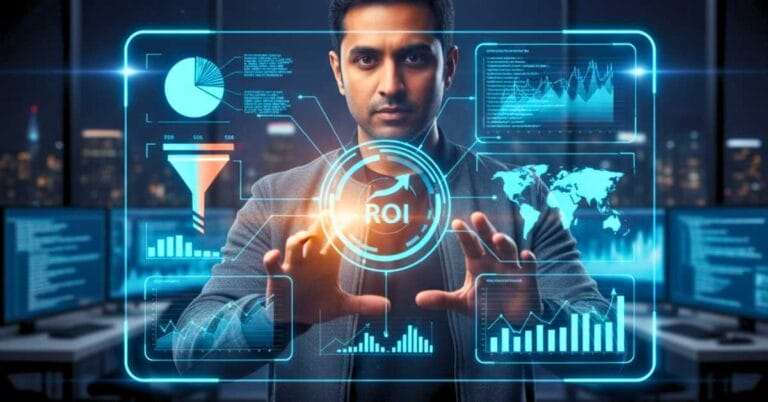 Um gestor de tráfego profissional analisando dados em uma interface holográfica futurista, simbolizando a estratégia e o controle sobre campanhas de marketing digital para alcançar o crescimento.