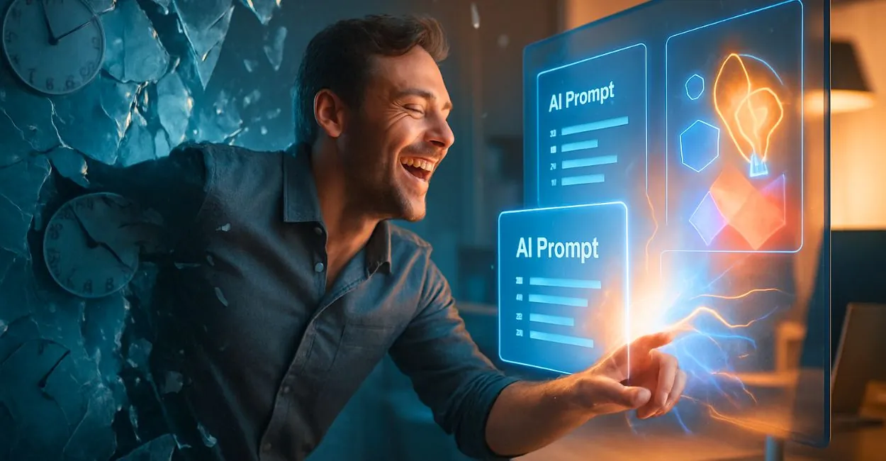 Profissional criativo rompendo barreira da procrastinação com o poder dos prompts de IA para produtividade, revelando um ambiente de trabalho inspirador e tecnológico.