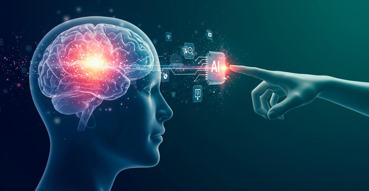 Representação visual da simulação mental aprimorada por prompts de IA para produtividade, mostrando a conexão sinérgica entre o cérebro humano e a inteligência artificial.