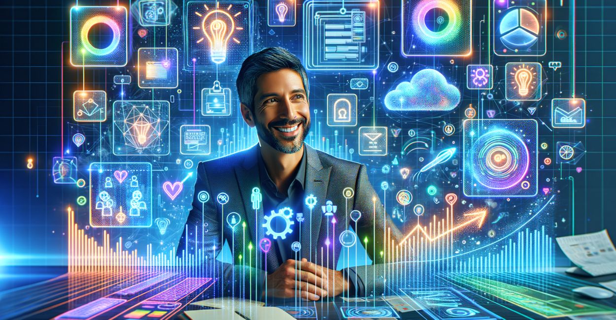 Exemplos práticos de prompts de IA para produtividade em ação, ilustrando brainstorming, redação e planejamento para profissionais criativos.