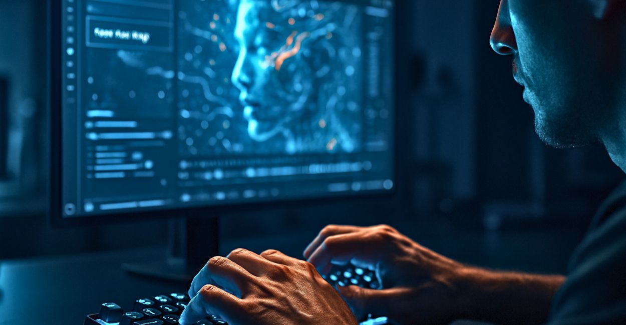 Mãos digitando prompts para editar imagens com IA enquanto a foto se transforma na tela.