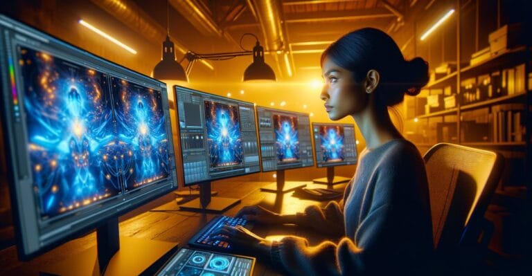 Designer utilizando prompts para editar imagens com IA em múltiplas telas com iluminação dramática.