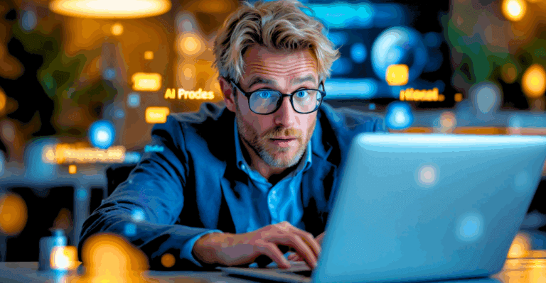 Pessoa surpresa em frente ao notebook, descobrindo segredos dos prompts para IA, com elementos tecnológicos e atmosfera inovadora.