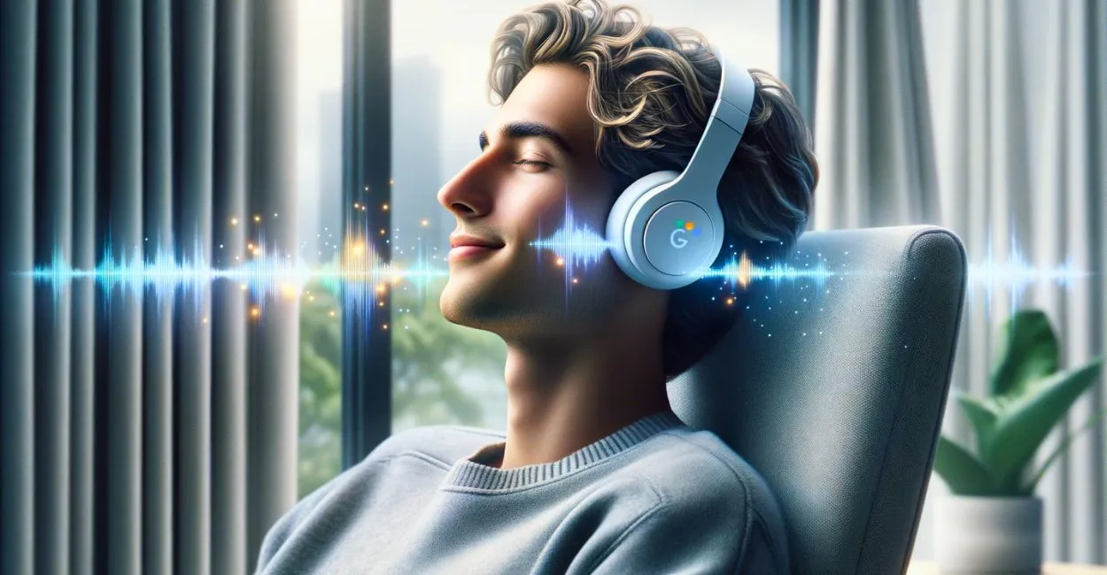 Jovem ouvindo Resumos de IA em Áudio Google com fones de ouvido, simbolizando o fim da leitura cansativa e o consumo de informação como podcast.