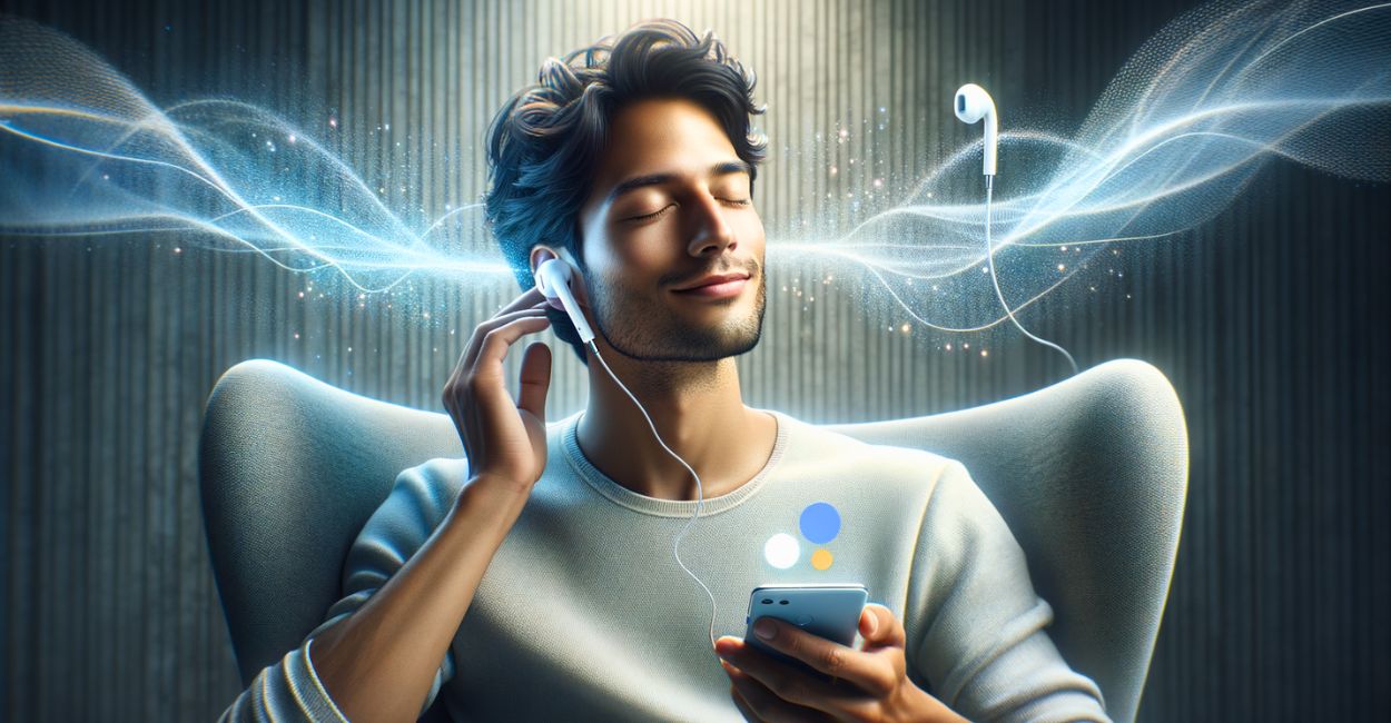 Mão ativando "Gerar visão geral de áudio" no smartphone, ilustrando como a IA do Google transforma a busca em Resumos de IA em Áudio.