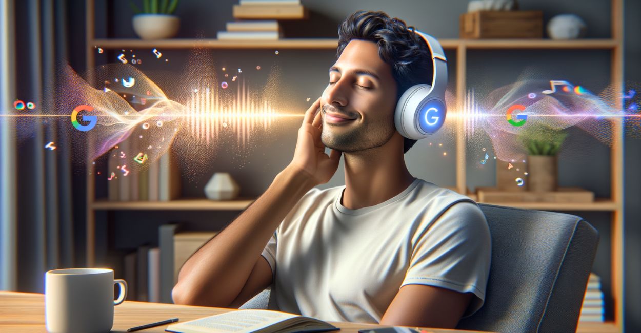 Visão futurista da pesquisa online: rede neural luminosa com ondas sonoras representando os Resumos de IA em Áudio Google e a evolução da SGE.
