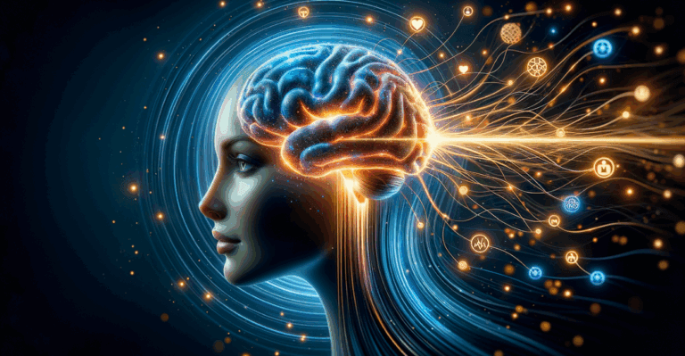 Arte digital mostrando um cérebro humano brilhante no perfil de uma mulher, irradiando luzes neon azuis e douradas, com fluxos de energia conectando ícones de engajamento humano e redes digitais, simbolizando o poder do SEO Copywriting.