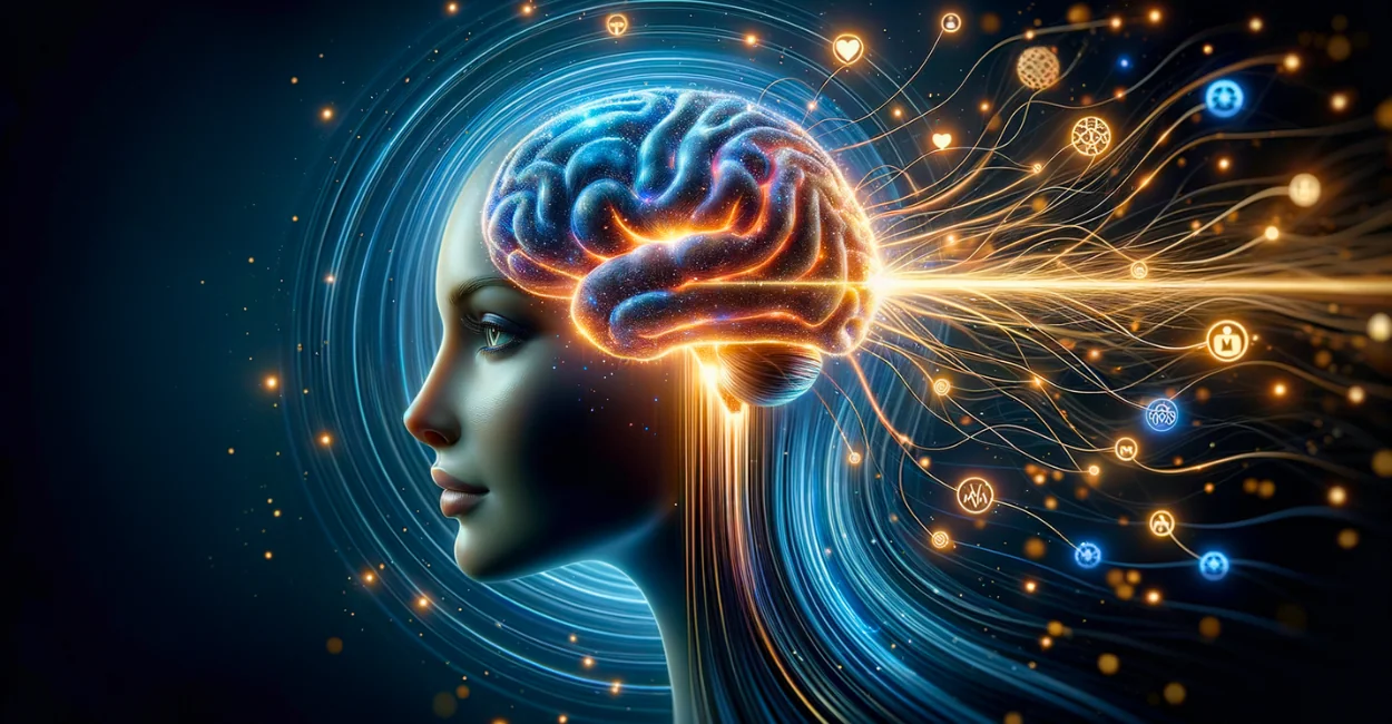 Arte digital mostrando um cérebro humano brilhante no perfil de uma mulher, irradiando luzes neon azuis e douradas, com fluxos de energia conectando ícones de engajamento humano e redes digitais, simbolizando o poder do SEO Copywriting.