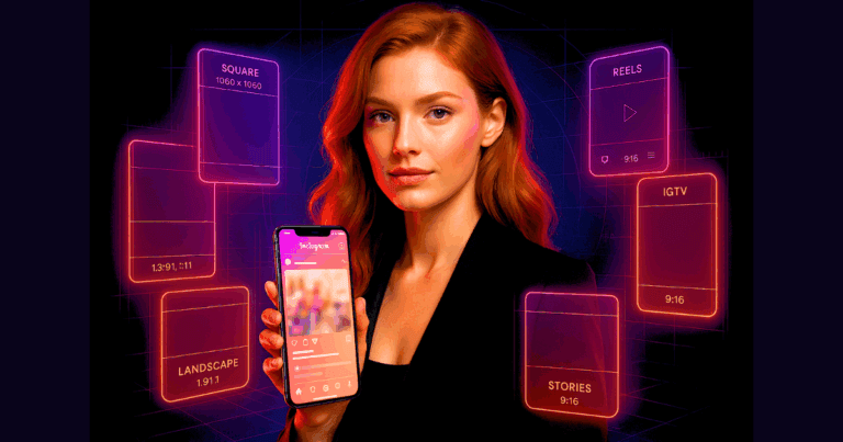 Smartphone exibindo 7 diferentes tamanhos post Instagram com guias de dimensões para feed, stories e reels