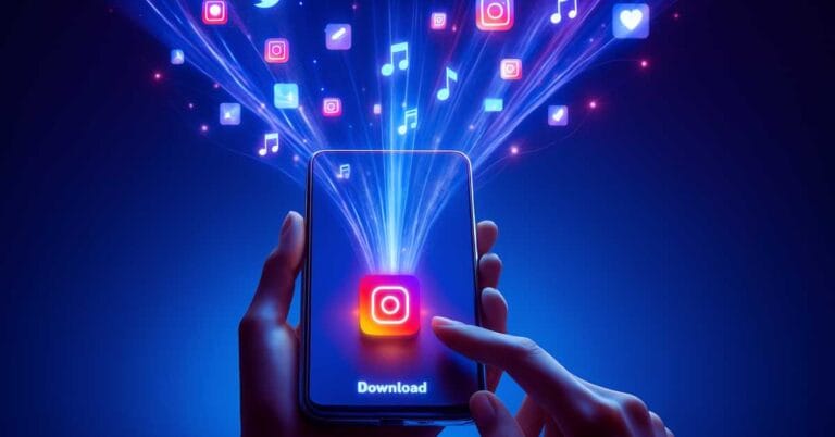 Mão elegante segurando smartphone para Baixar Stories do Instagram sendo baixados para nuvem digital segura.