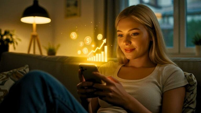 Pessoa descobrindo em seu celular como ganhar R$ 100 por dia assistindo vídeos (ganhar dinheiro na internet), com uma expressão de sucesso.