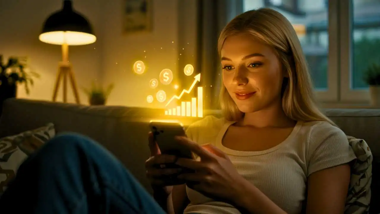 Pessoa descobrindo em seu celular como ganhar R$ 100 por dia assistindo vídeos (ganhar dinheiro na internet), com uma expressão de sucesso.