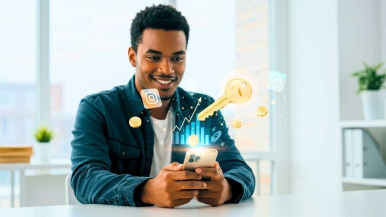 Jovem empreendedor(a) descobrindo segredos de como ganhar dinheiro no Instagram com holograma de chave #7.