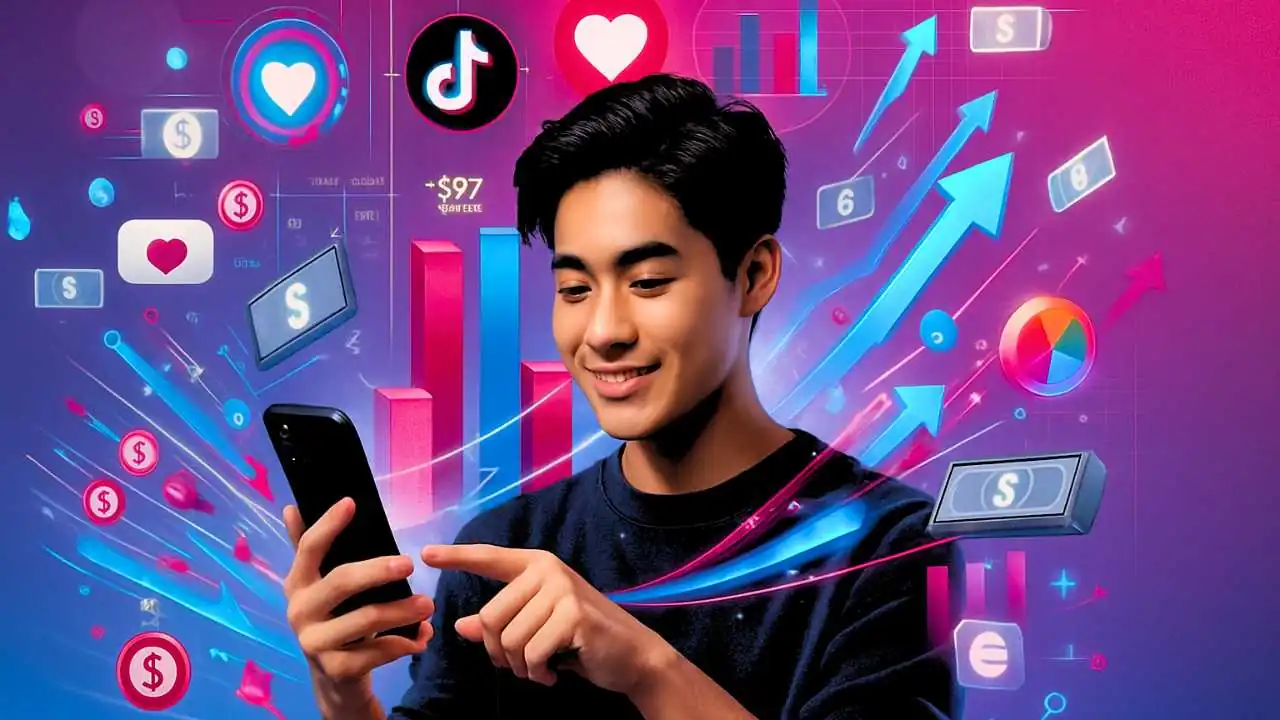 Home 1 Jovem criador de conteúdo sorrindo com smartphone exibindo gráficos de sucesso financeiro, simbolizando como ganhar dinheiro no TikTok.
