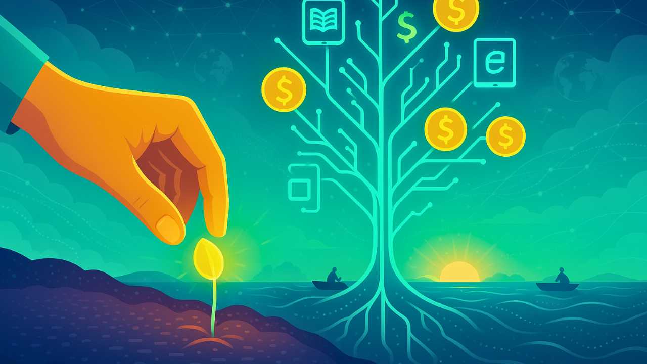 Como Ganhar Dinheiro Vendendo Ebooks: Seu Guia Definitivo para o Lucro Digital! 1 Mão plantando semente digital que vira árvore com ebooks e lucros, simbolizando como ganhar dinheiro vendendo ebooks do zero.