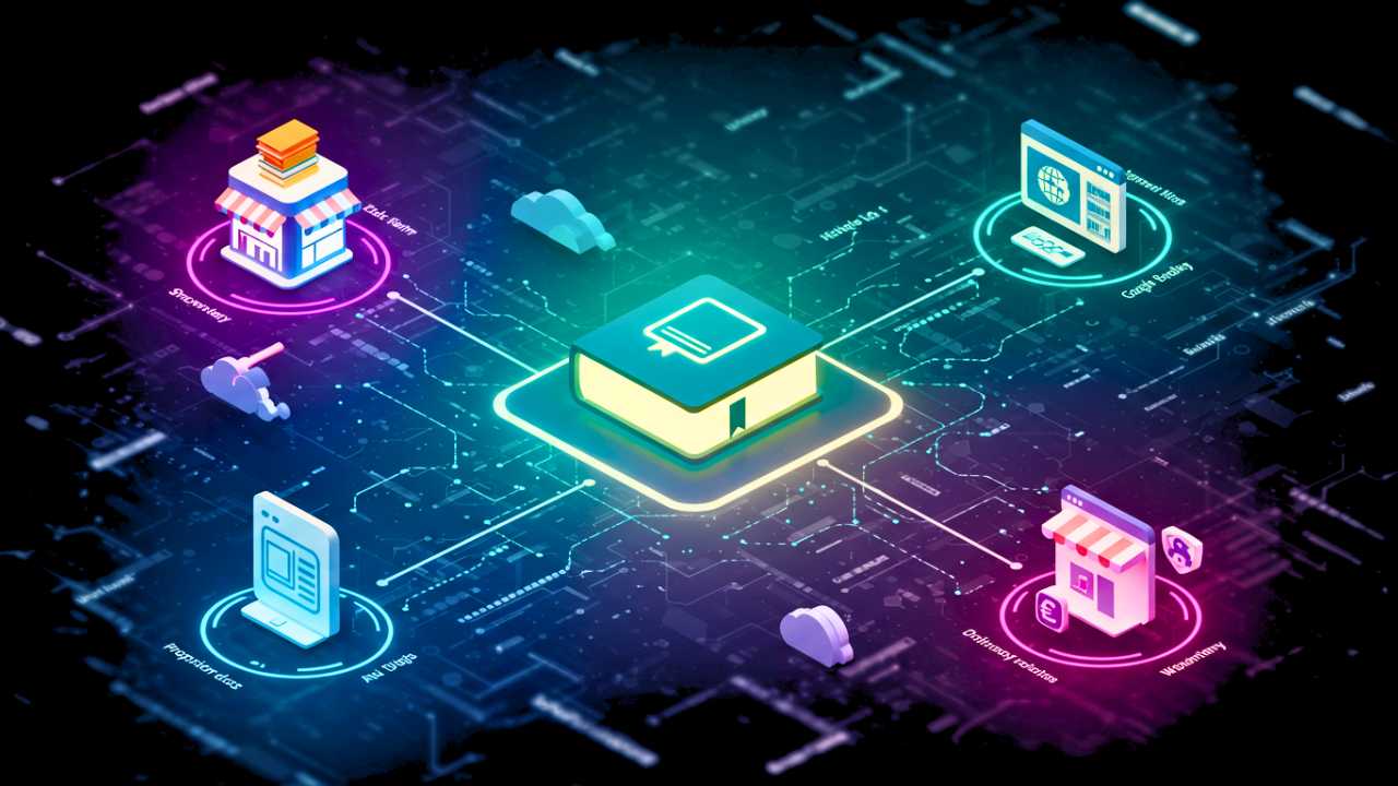 Como Ganhar Dinheiro Vendendo Ebooks: Seu Guia Definitivo para o Lucro Digital! 2 Múltiplas plataformas e marketplaces interconectados ao redor de um ebook, mostrando como ganhar dinheiro vendendo ebooks globalmente.