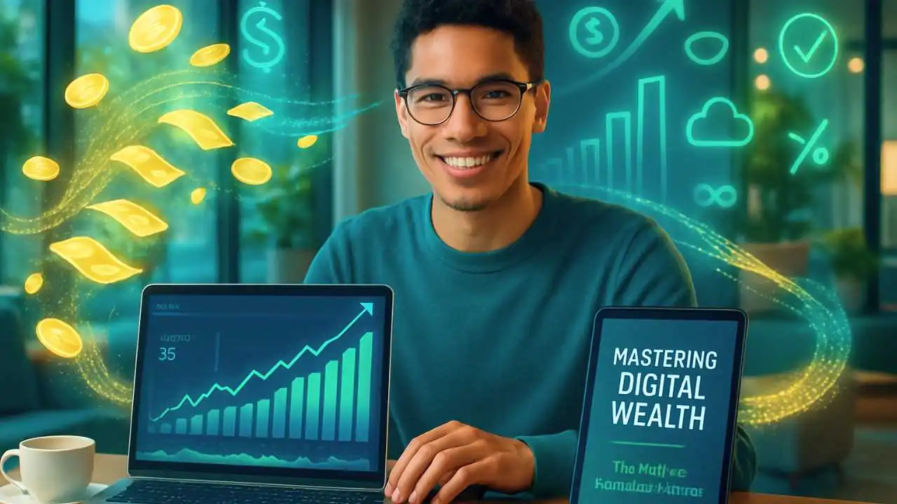 Pessoa sorridente ganhando dinheiro vendendo ebooks em ambiente moderno, com gráficos de lucro e elementos digitais.