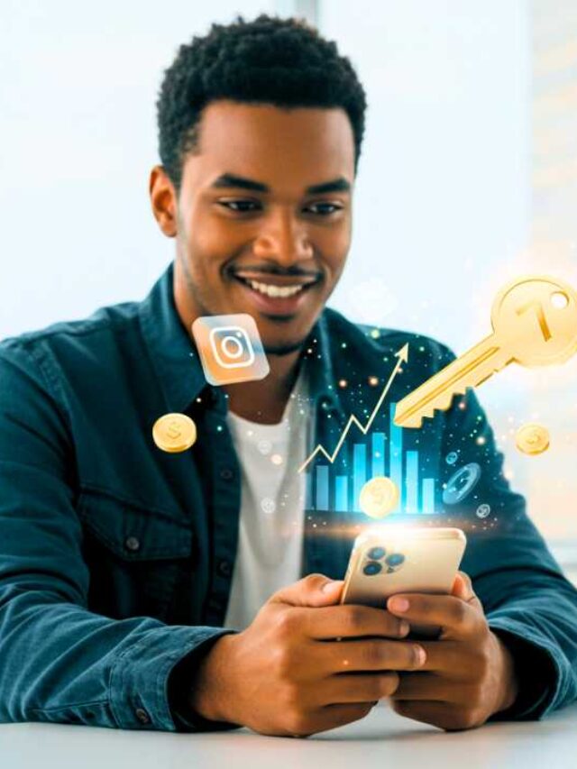 Jovem empreendedor(a) descobrindo segredos de como ganhar dinheiro no Instagram com holograma de chave #7.