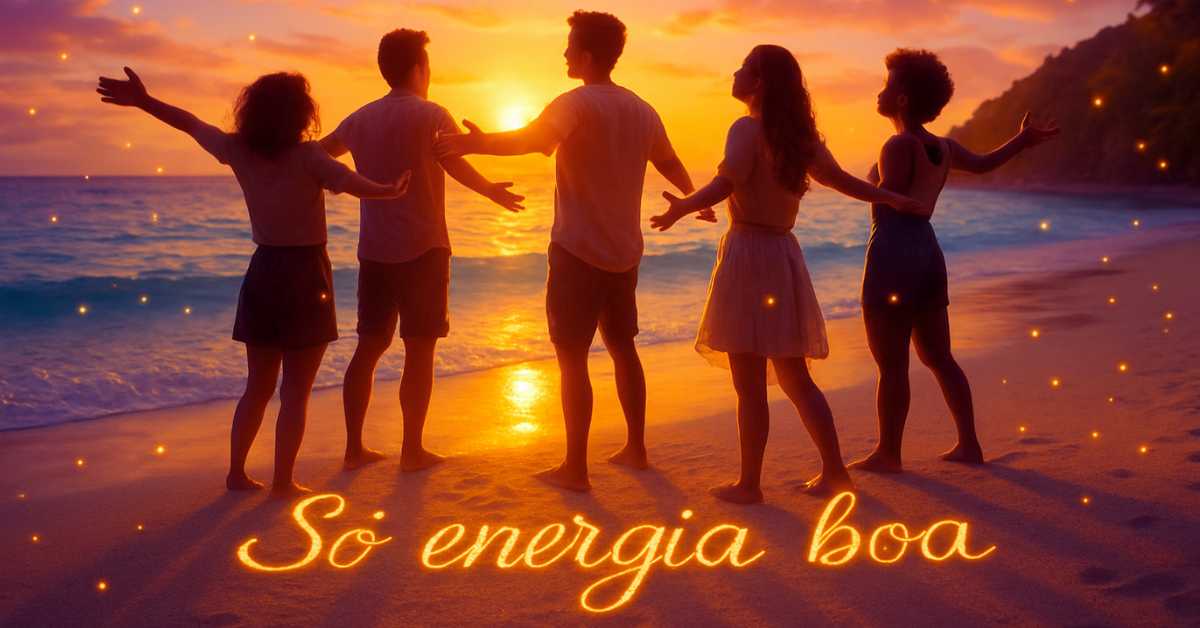 85 frases para status WhatsApp que vão bombar em 2025 2 Grupo de amigos na praia ao pôr do sol com a frase 'Só energia boa', ideal para frases para status WhatsApp.