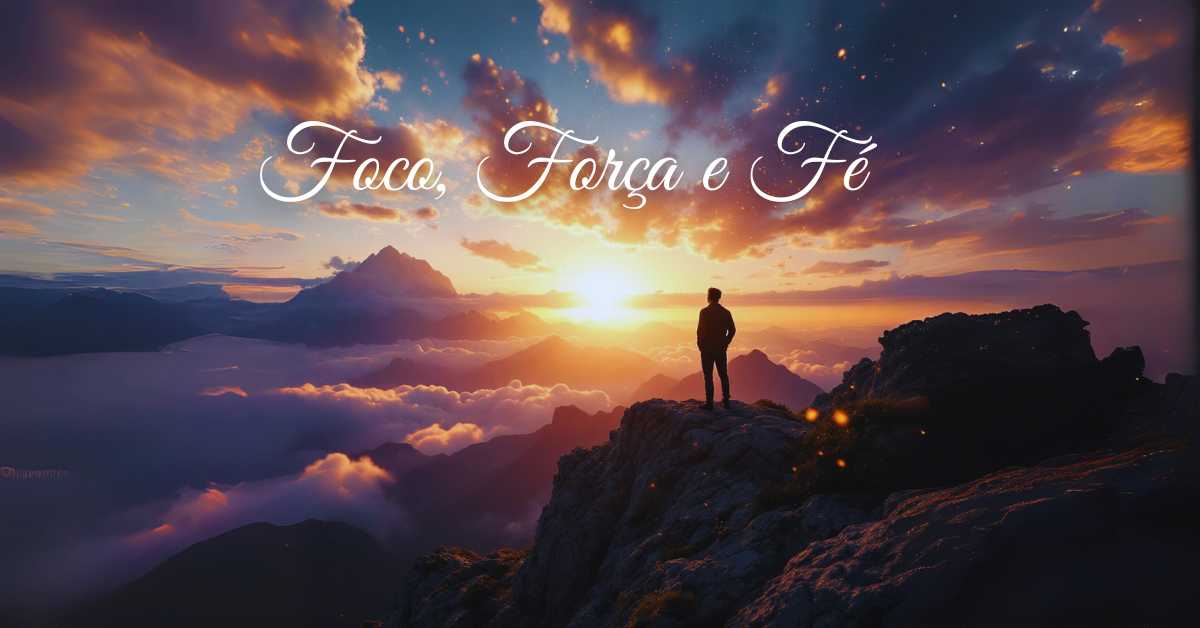 85 frases para status WhatsApp que vão bombar em 2025 1 Imagem inspiradora com a frase 'Foco, força e fé' em um cenário de montanha ao amanhecer, ideal para frases para status WhatsApp.