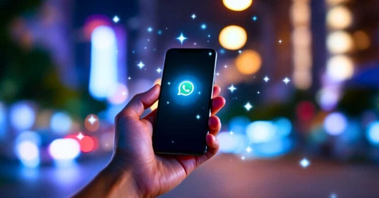 Mão segurando smartphone com tela iluminada exibindo ícone de status do WhatsApp, sobre um fundo urbano noturno desfocado com luzes coloridas, simbolizando a criação de frases para status WhatsApp impactantes.