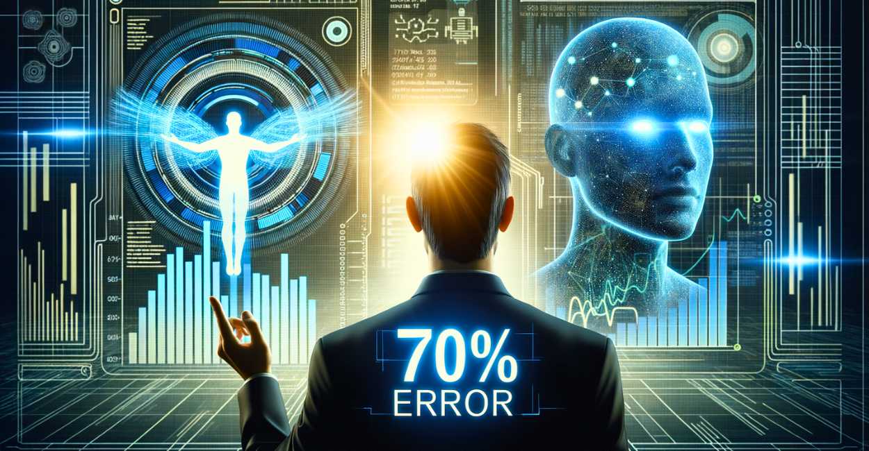 IAs Erram 70%? A Verdade Chocante Que Transforma ISSO na Sua MAIOR Vantagem Competitiva em Marketing! 1 Gráfico digital mostrando 70% de erro da IA, com figura humana tendo um insight sobre IAs erram.