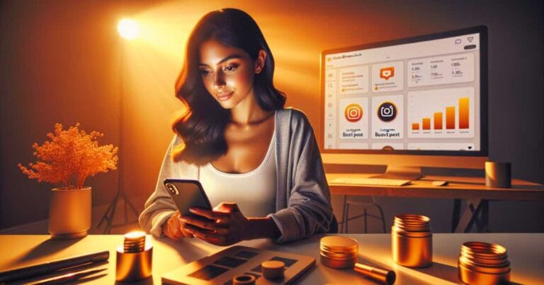 Imagem cinematográfica de criadora de conteúdo usando o recurso para impulsionar no Instagram em um ambiente moderno e estratégico.