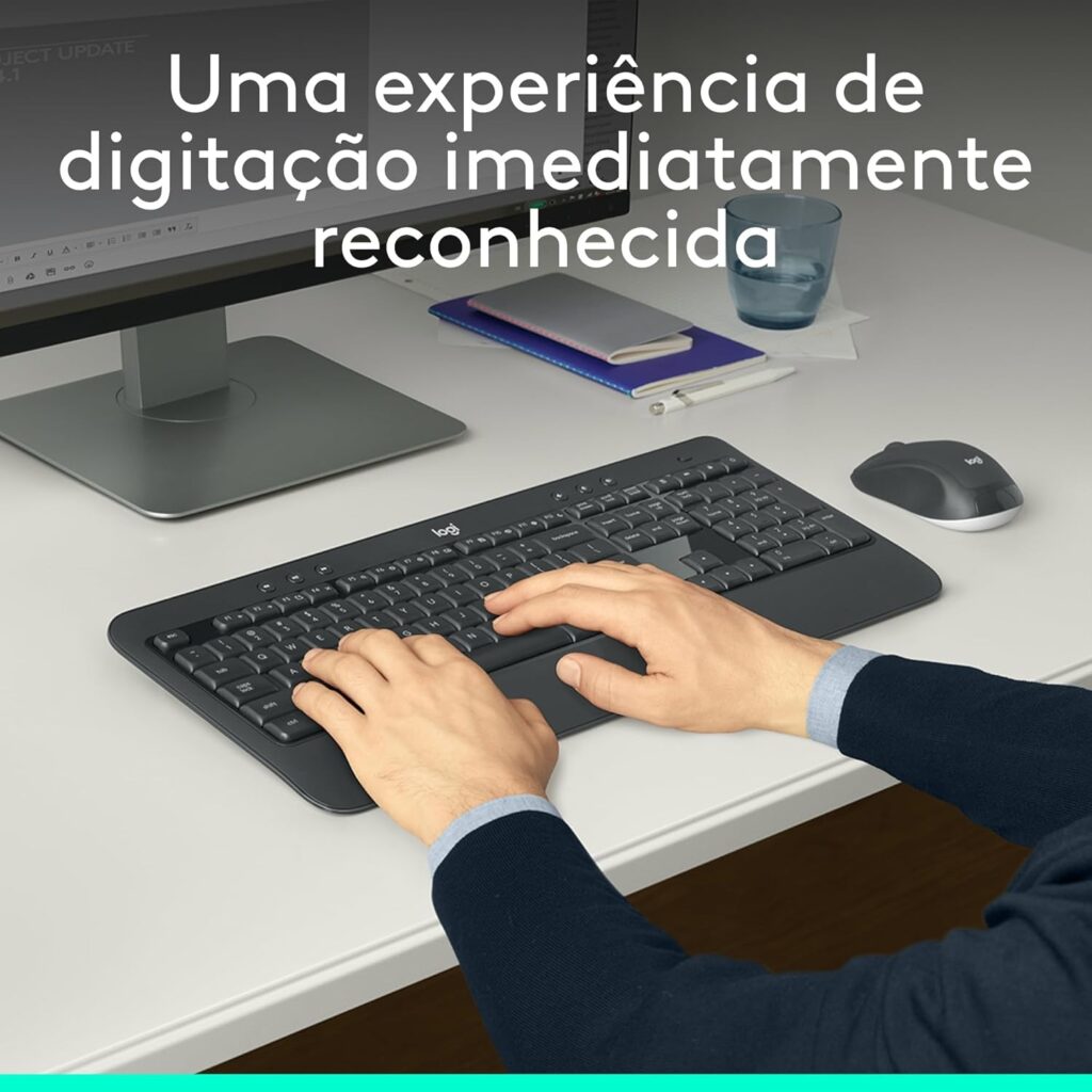 Kit Teclado e Mouse sem fio Logitech MK540 com Teclado com Apoio para as Mãos, Teclas de Mídia de Fácil Acesso, Mouse Ambidestro, Conexão USB, Pilhas Inclusas e Layout ABNT2