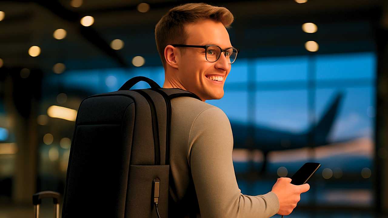 ÚLTIMA CHANCE: As Melhores Mochilas para Notebook e Viagem que Você Precisa Ter! 1 Viajante em aeroporto usando uma das Melhores Mochilas para Notebook e Viagem, com detalhes de segurança antifurto e carregamento USB.