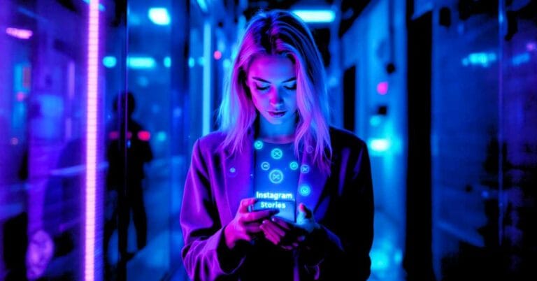 Mulher jovem e loira ao ver stories anonimo no Instagram pelo smartphone em ambiente urbano noturno