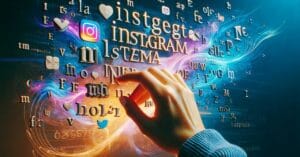Mão estilizando diversas fontes para Instagram luminosas em ambiente digital abstrato, representando criatividade e personalização.
