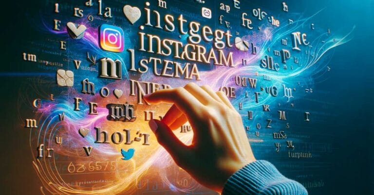Mão estilizando diversas fontes para Instagram luminosas em ambiente digital abstrato, representando criatividade e personalização.