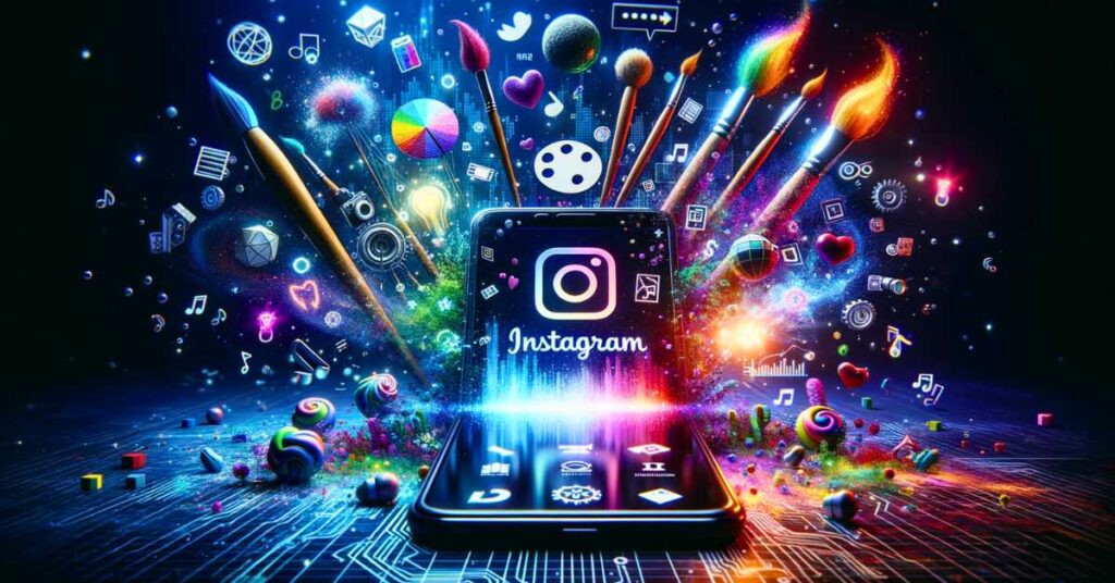 Smartphone exibindo perfil do Instagram com nomes de usuários para Instagram criativos, cercado por elementos artísticos digitais.
