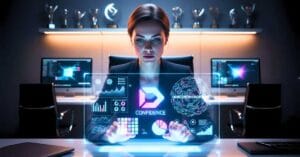 Estrategista de marca analisando elementos de branding em uma interface holográfica 3D em um escritório de design moderno e tecnológico.