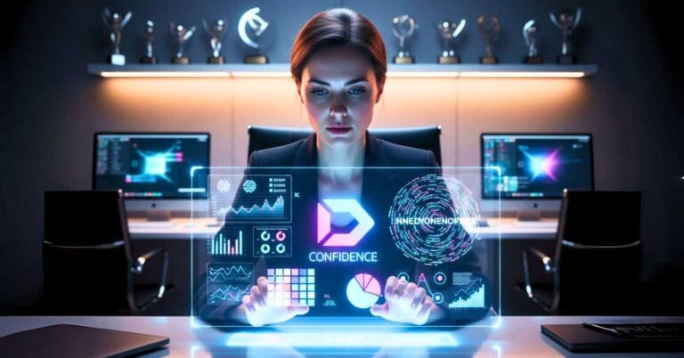 Estrategista de marca analisando elementos de branding em uma interface holográfica 3D em um escritório de design moderno e tecnológico.