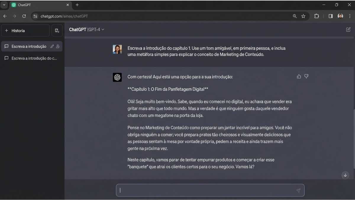 Print de tela da interface do ChatGPT modelo GPT-4 mostrando um exemplo prático de geração de texto humanizado para a introdução de um capítulo, demonstrando como criar ebook com inteligencia artificial usando prompts de tonalidade.