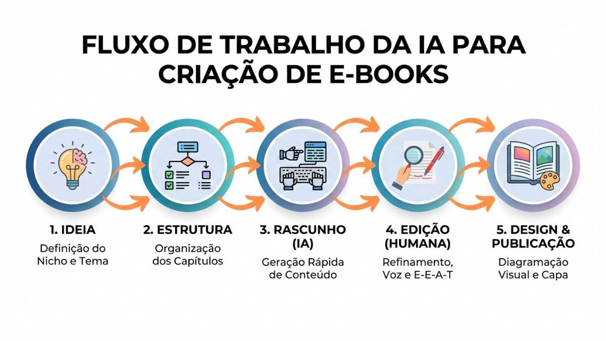 Infográfico detalhado com o passo a passo visual de 5 etapas para criar ebook com inteligencia artificial, abrangendo desde a ideia e estrutura até o rascunho com IA, edição humana e design final.